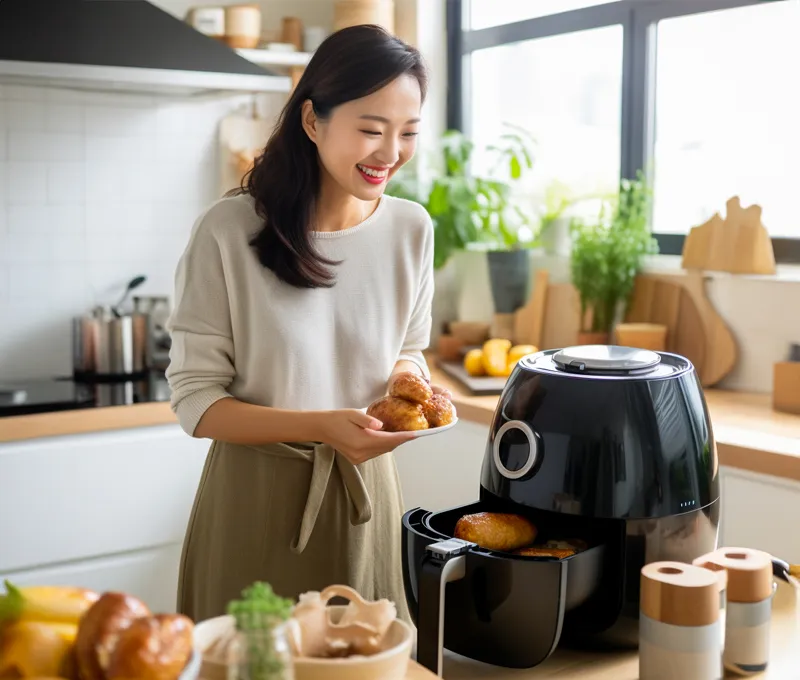 주방에서 에어프라이어로 요리한 음식을 꺼내며 미소 짓는 사람이 있는 모습으로 에어프라이어 조리 과정을 보여주는 이미지