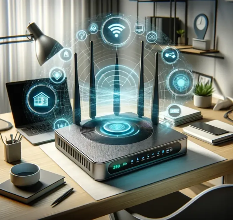 Wi-Fi 6 라우터가 네트워크 신호를 송출하며 연결 아이콘들이 떠 있는 모습을 보여준다