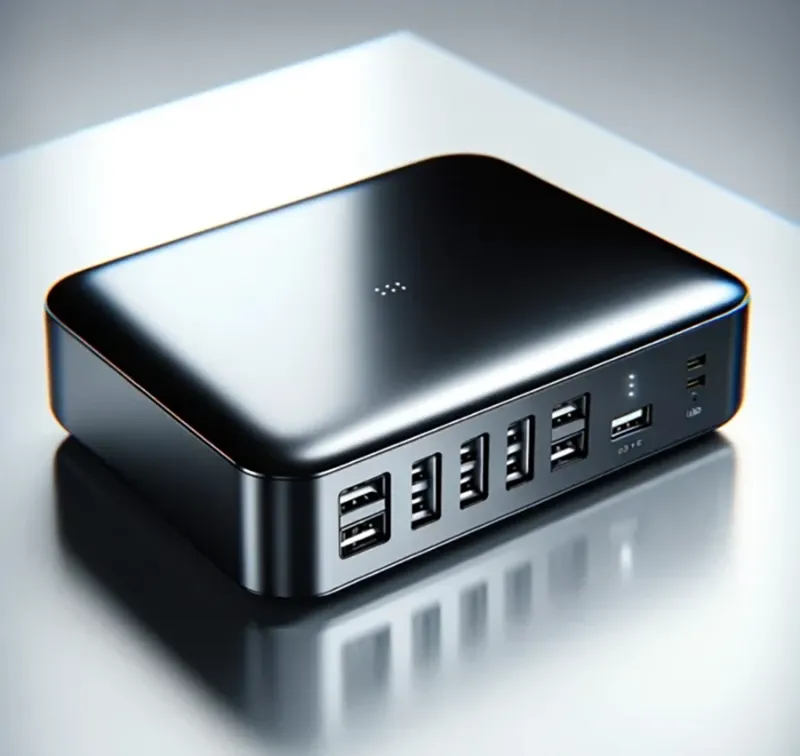 여러 USB 포트를 갖춘 멀티포트 충전기를 근접 촬영해 기능성을 보여준다