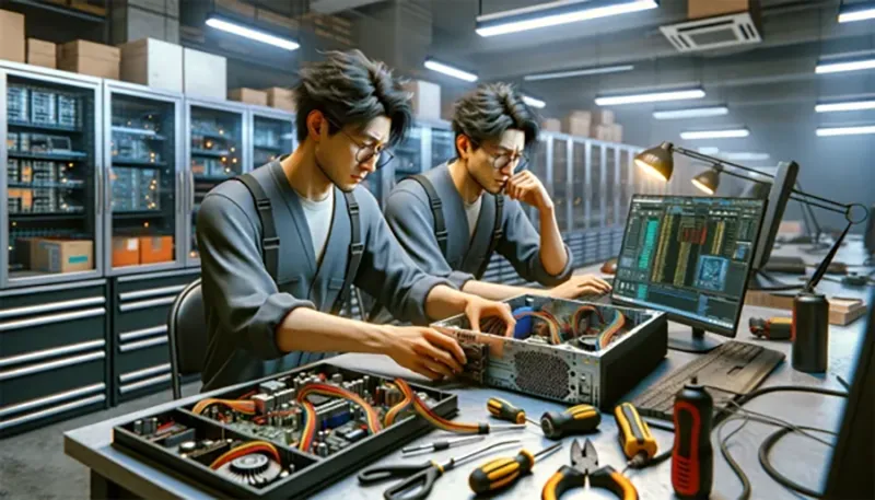 컴퓨터 파워서플라이 분해 점검으로 고장증상 해결을 모색하는 기술자