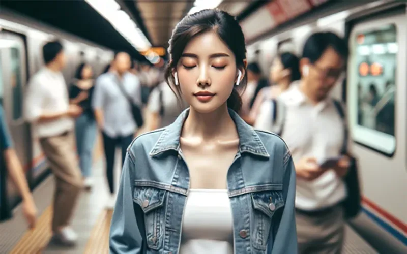 지하철 플랫폼에서 무선 이어폰을 착용하고 눈을 감은 여성이 액티브 노이즈캔슬링으로 소음을 차단하며 평온함을 느끼는 장면
