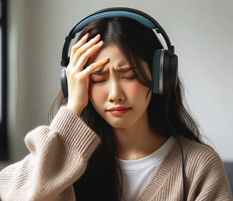노이즈캔슬링 헤드폰 착용 후 멀미로 머리를 짚는 여성 모습
