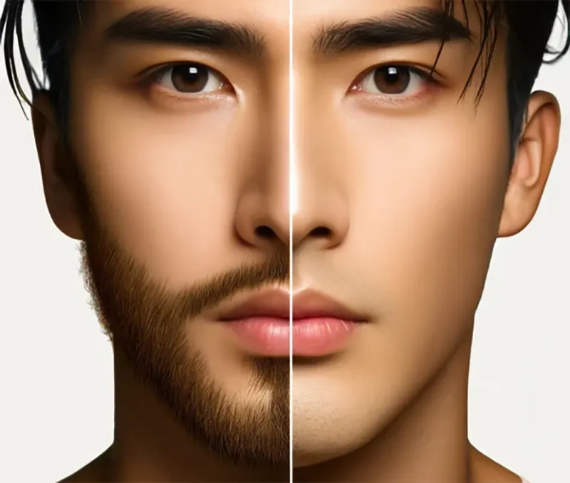 브라운과 필립스 전기 면도기의 면도 전후를 보여주는 대표 이미지