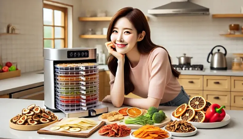 주방에서 식품건조기 옆에 다양한 말린 과일과 채소가 놓여 있으며 식재료별 건조 과정을 보여주는 대표 이미지