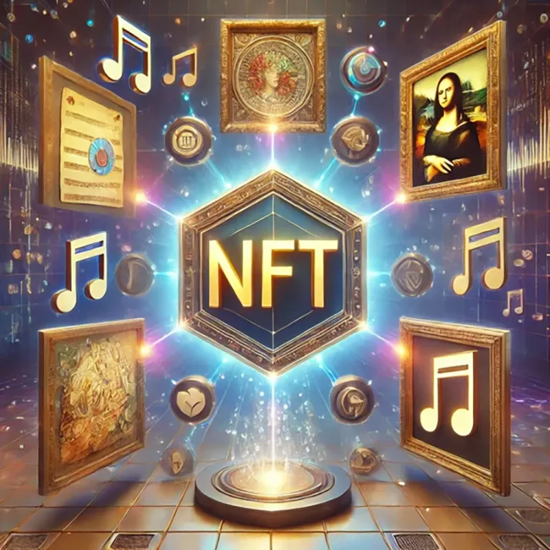 NFT 아이콘 주변에 그림과 음표가 배치되어 디지털 자산 거래를 보여주는 이미지