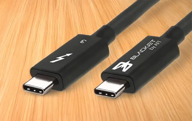 썬더볼트 로고와 USB-C 커넥터가 새겨진 두 개의 고속 데이터 전송 케이블이 나란히 놓여 있는 클로즈업 이미지