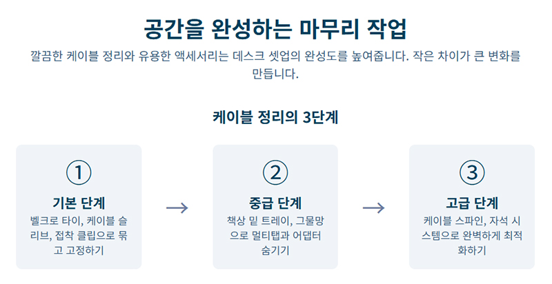 데스크 케이블 정리를 기본 단계에서 고급 단계까지 단계별로 정리하는 방법을 도식화한 인포그래픽으로 깔끔한 데스크 셋업 완성을 위한 과정을 설명한다.