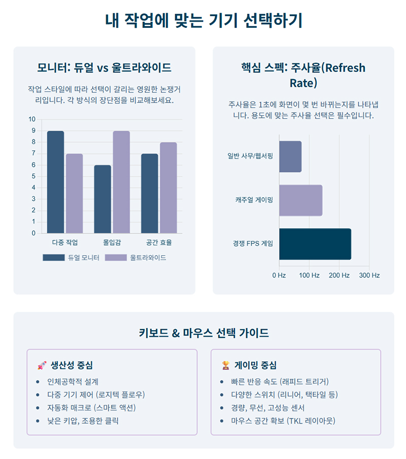 듀얼 모니터와 울트라와이드 모니터의 장단점 비교와 주사율 선택 기준을 그래프로 보여주며 생산성과 게이밍 중심 키보드 마우스 선택법을 정리한 인포그래픽을 나타낸다.