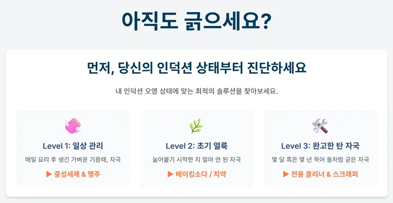 인덕션 오염 상태를 단계별로 구분해 중성세제, 베이킹소다, 전용 클리너 등 세정법을 안내하고 있다.