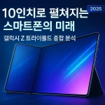 10인치 화면으로 완전히 펼쳐진 갤럭시 Z 트라이폴드 스마트폰이 미래형 디자인으로 배경에 놓인 이미지로 3단 폴더블 구조의 핵심 특징을 보여주는 대표 이미지