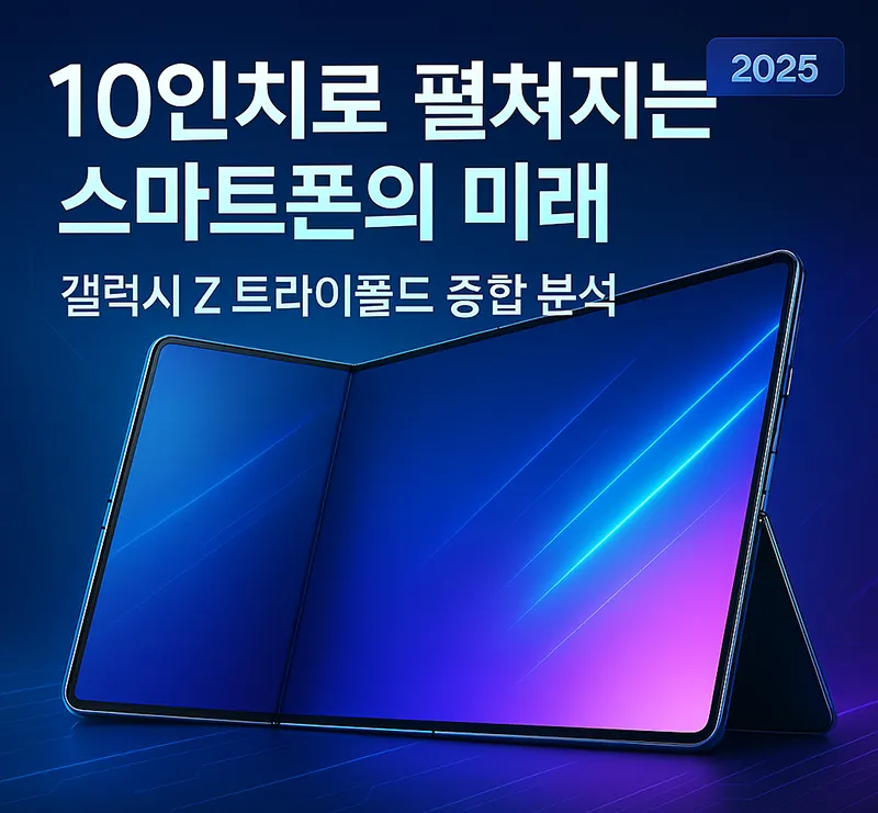 10인치 화면으로 완전히 펼쳐진 갤럭시 Z 트라이폴드 스마트폰이 미래형 디자인으로 배경에 놓인 이미지로 3단 폴더블 구조의 핵심 특징을 보여주는 대표 이미지