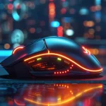 게이밍 마우스가 RGB 조명 아래에서 빛나며 마우스패드 위에 놓여 있는 모습으로 DPI와 감도 조절의 중요성을 상징하는 이미지