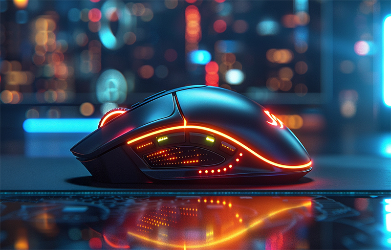 게이밍 마우스가 RGB 조명 아래에서 빛나며 마우스패드 위에 놓여 있는 모습으로 DPI와 감도 조절의 중요성을 상징하는 이미지