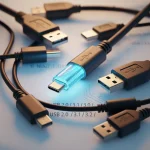 다양한 USB 타입 A와 USB-C 케이블이 모여 있으며 중앙의 USB-C 커넥터가 푸른빛으로 빛나며 최신 USB4와 썬더볼트 규격을 상징적으로 표현한 이미지