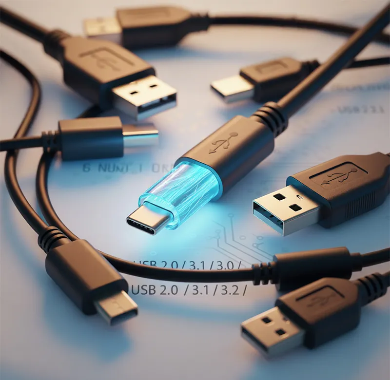다양한 USB 타입 A와 USB-C 케이블이 모여 있으며 중앙의 USB-C 커넥터가 푸른빛으로 빛나며 최신 USB4와 썬더볼트 규격을 상징적으로 표현한 이미지