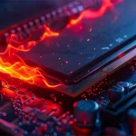 PCIe 5.0 M.2 SSD에서 붉은 열기가 퍼지며 고성능 데이터 전송 중 발생하는 발열을 보여주는 메인보드 클로즈업 이미지