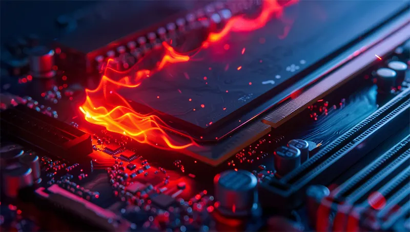 PCIe 5.0 M.2 SSD에서 붉은 열기가 퍼지며 고성능 데이터 전송 중 발생하는 발열을 보여주는 메인보드 클로즈업 이미지