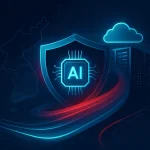 AI 칩셋이 그려진 방패 아이콘과 클라우드 서버를 배경으로 소버린 AI의 기술 독립과 데이터 보안을 상징적으로 보여주는 이미지