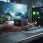 손바닥 위에 올려진 작은 N100 미니PC를 근접 촬영한 사진으로 데스크톱을 대체할 만큼 강력한 성능을 가진 초소형 컴퓨터를 보여주는 대표 이미지