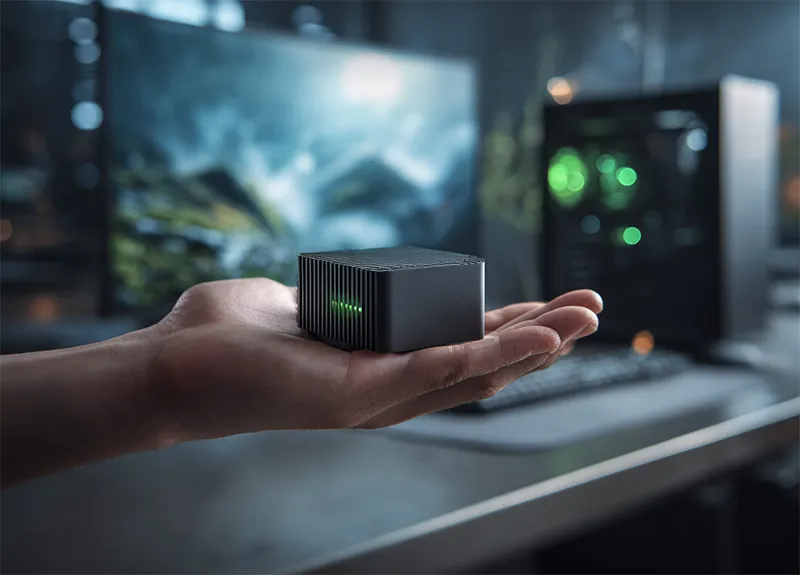 손바닥 위에 올려진 작은 N100 미니PC를 근접 촬영한 사진으로 데스크톱을 대체할 만큼 강력한 성능을 가진 초소형 컴퓨터를 보여주는 대표 이미지