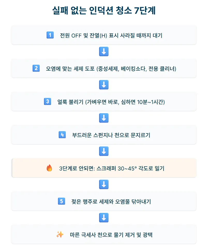 전원을 끄는 단계부터 세제 도포, 불리기, 스크래퍼 사용, 광택까지 이어지는 인덕션 청소 7단계를 단계별로 보여준다.