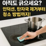 인덕션 위의 탄자국을 행주로 닦는 모습으로 인덕션 청소 방법과 탄자국 제거 과정을 보여주는 대표 이미지
