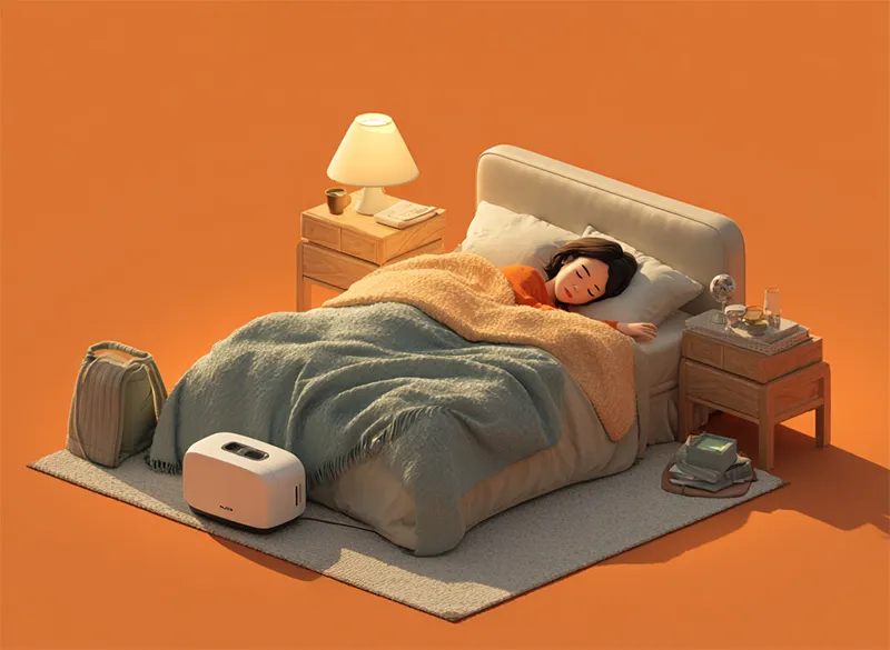 온수매트 옆에 따뜻한 조명 아래에서 이불을 덮고 잠든 인물이 있는 침실 모습으로 온수매트의 포근한 난방 원리를 시각적으로 보여주는 대표 이미지