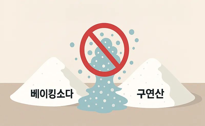 베이킹소다와 구연산을 섞을 때 발생하는 거품 반응이 세척력이 0이 되는 이미지를 보여준다.