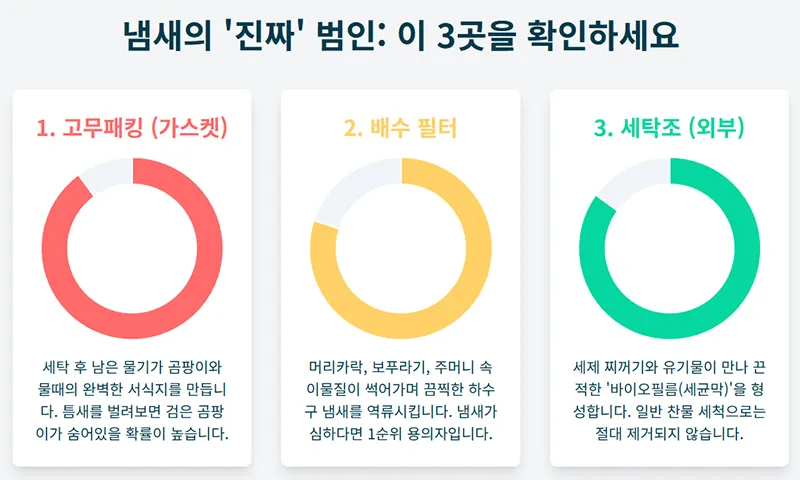 드럼세탁기 냄새의 원인이 되는 고무패킹, 배수 필터, 세탁조 외부 세 부분을 시각적으로 비교한 그래픽이다.