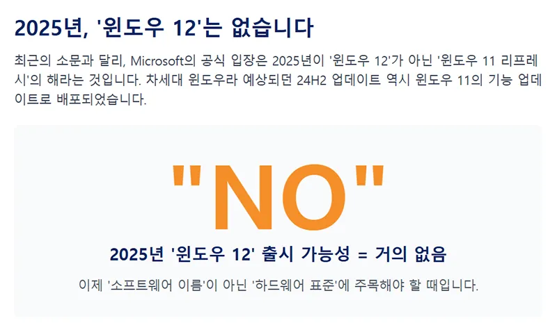 2025년 윈도우 12 출시 가능성이 거의 없음을 보여주는 Microsoft 공식 입장 요약 이미지.