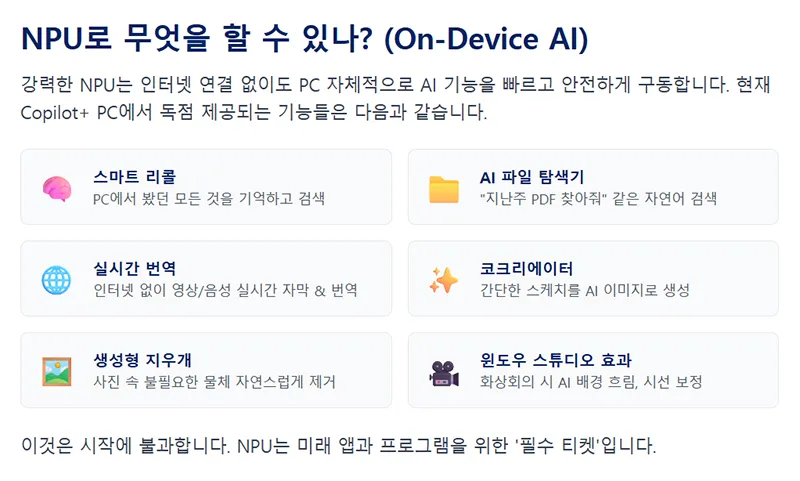 Copilot+ PC의 NPU로 실행 가능한 스마트 리콜, 번역, 생성형 지우개 등 AI 기능 목록을 보여준다.