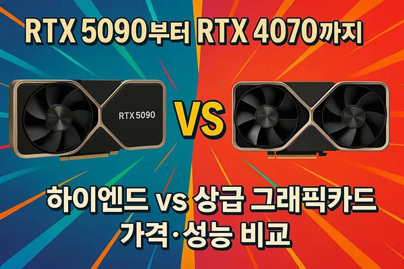 RTX 5090부터 RTX 4070까지 하이엔드와 상급 그래픽카드의 가격과 성능을 비교하는 대표 이미지