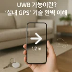 스마트폰 화면에 화살표와 거리 표시가 나타나며 열쇠 위치를 안내하는 장면으로 UWB 실내 GPS 기능을 시각적으로 보여주는 이미지