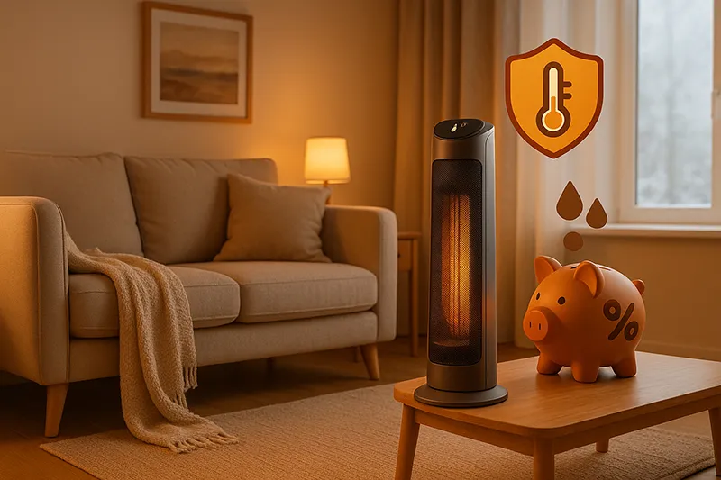 거실에서 타워형 가정용 온풍기가 전기세 절약과 안전 기능을 보여주는 장면