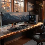 가을 햇살이 들어오는 창가에 울트라와이드 모니터와 인체공학 의자가 조화를 이룬 미니멀한 데스크 셋업