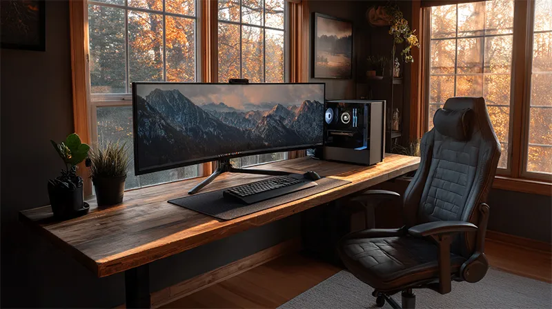 가을 햇살이 들어오는 창가에 울트라와이드 모니터와 인체공학 의자가 조화를 이룬 미니멀한 데스크 셋업