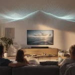 거실에서 가족이 TV로 영화를 시청하며 돌비 애트모스 사운드바의 입체 음향을 체험하는 장면을 보여주는 대표 이미지