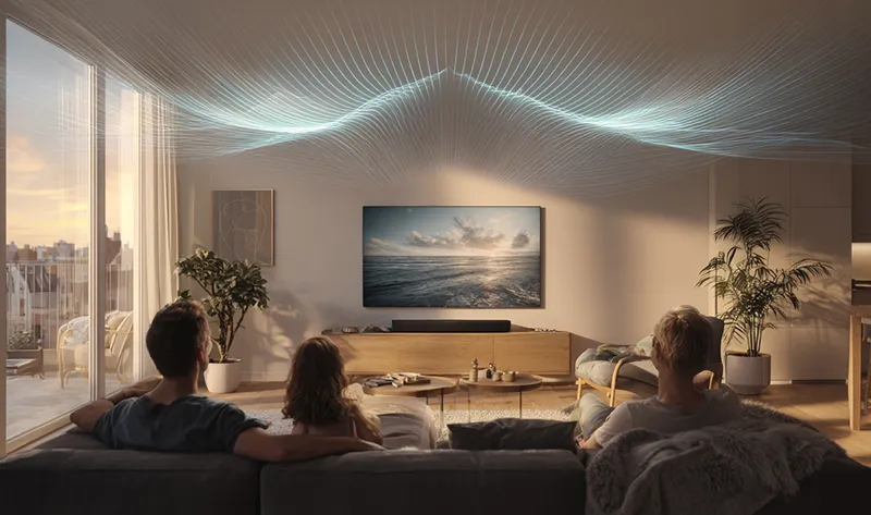 거실에서 가족이 TV로 영화를 시청하며 돌비 애트모스 사운드바의 입체 음향을 체험하는 장면을 보여주는 대표 이미지