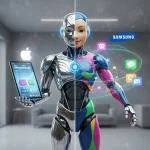 애플 인텔리전스와 갤럭시 AI의 차이를 상징적으로 표현한 로봇 캐릭터가 각각 애플과 삼성 로고를 배경으로 비교되는 이미지