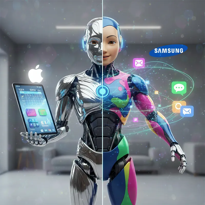 애플 인텔리전스와 갤럭시 AI의 차이를 상징적으로 표현한 로봇 캐릭터가 각각 애플과 삼성 로고를 배경으로 비교되는 이미지
