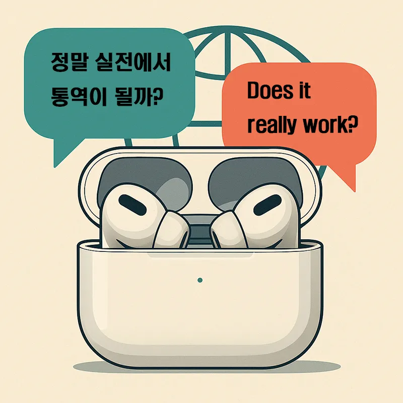 에어팟 프로3의 실시간 통역 기능이 실제 대화 상황에서 제대로 작동하는지를 묻고 있는 이미지를 보여준다.