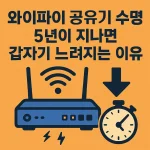 와이파이 공유기와 속도 저하를 상징하는 시계 아이콘이 함께 그려져 와이파이 공유기 수명과 느려지는 이유를 시각적으로 보여주는 이미지