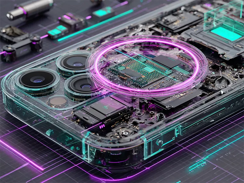 갤럭시 S26 내부 구조를 투명하게 표현한 이미지로 엑시노스 2600 칩셋과 Qi2 자석 충전 코일이 결합된 차세대 스마트폰의 핵심 기술을 시각적으로 보여줌