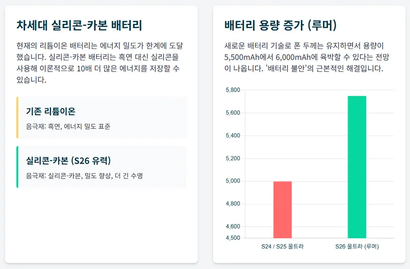 갤럭시 S26에 탑재될 실리콘-카본 배터리가 기존 리튬이온 대비 에너지 밀도와 용량에서 향상된 점을 시각적으로 보여주는 비교 그래프.