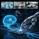 로봇 손이 반도체 회로 위에서 작동하며 AI 두뇌와 연결된 모습을 통해 피지컬 AI의 인지와 행동 과정을 시각적으로 보여주는 대표 이미지