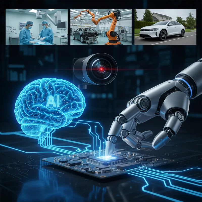 로봇 손이 반도체 회로 위에서 작동하며 AI 두뇌와 연결된 모습을 통해 피지컬 AI의 인지와 행동 과정을 시각적으로 보여주는 대표 이미지