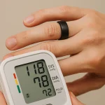 손가락에 검은 반지를 착용한 상태에서 전자 혈압계로 혈압을 측정하는 모습을 보여주는 혈압 측정 반지 관련 대표 이미지